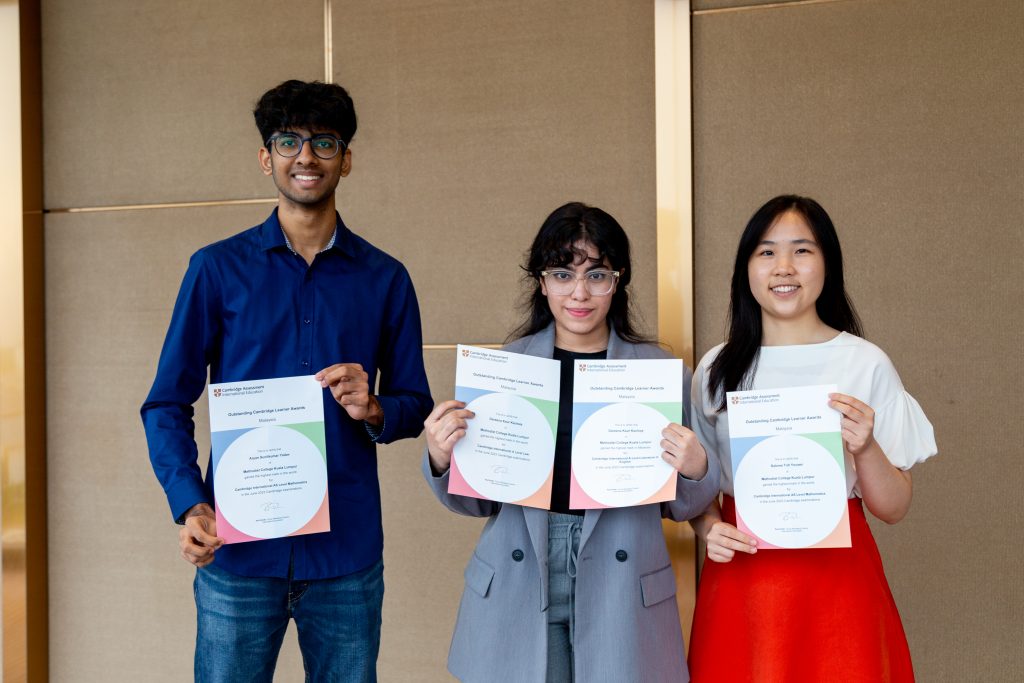 (L-R) Aryan, Dareena and Salome, achievers for Top in the World awards for Mathematics and Law from MCKL, KL Campus